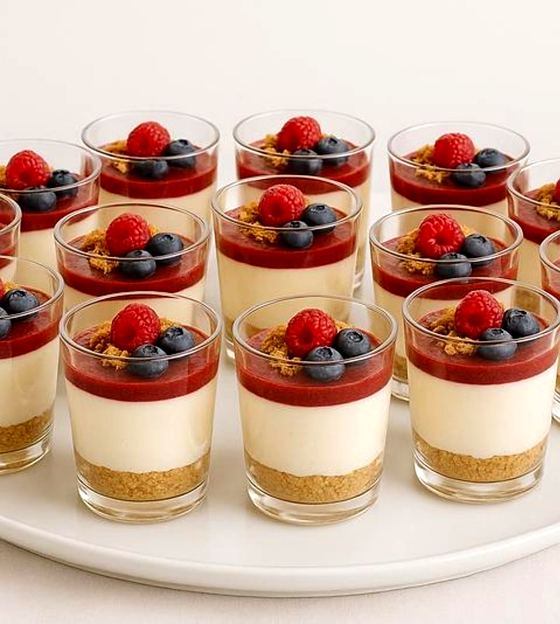 Individual cheesecake pots topped with fresh berries