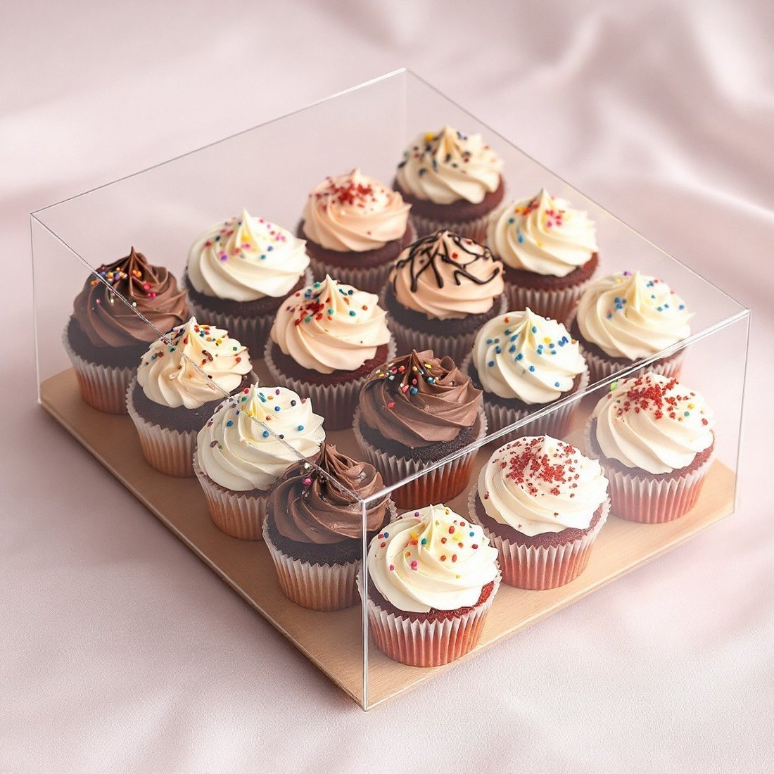 A large clear box of KKD cupcakes with piped buttercream swirls