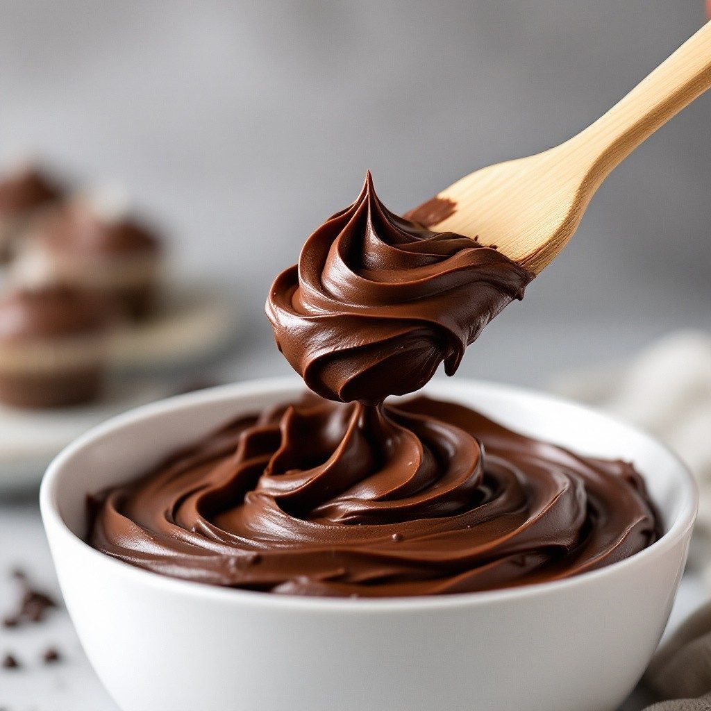 A bowl of smooth, glossy chocolate buttercream with a palette knife