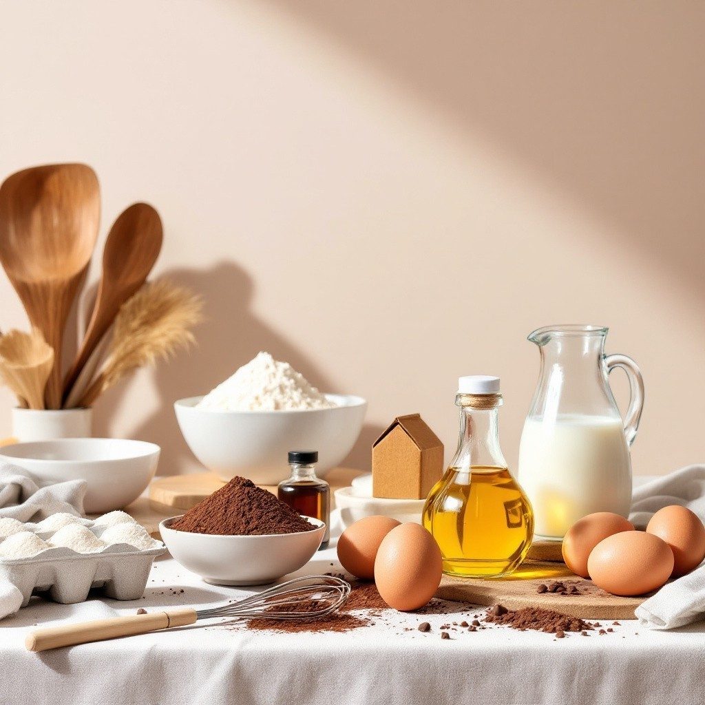 Cocoa powder, flour, eggs, oil, milk and vanilla laid out with a whisk