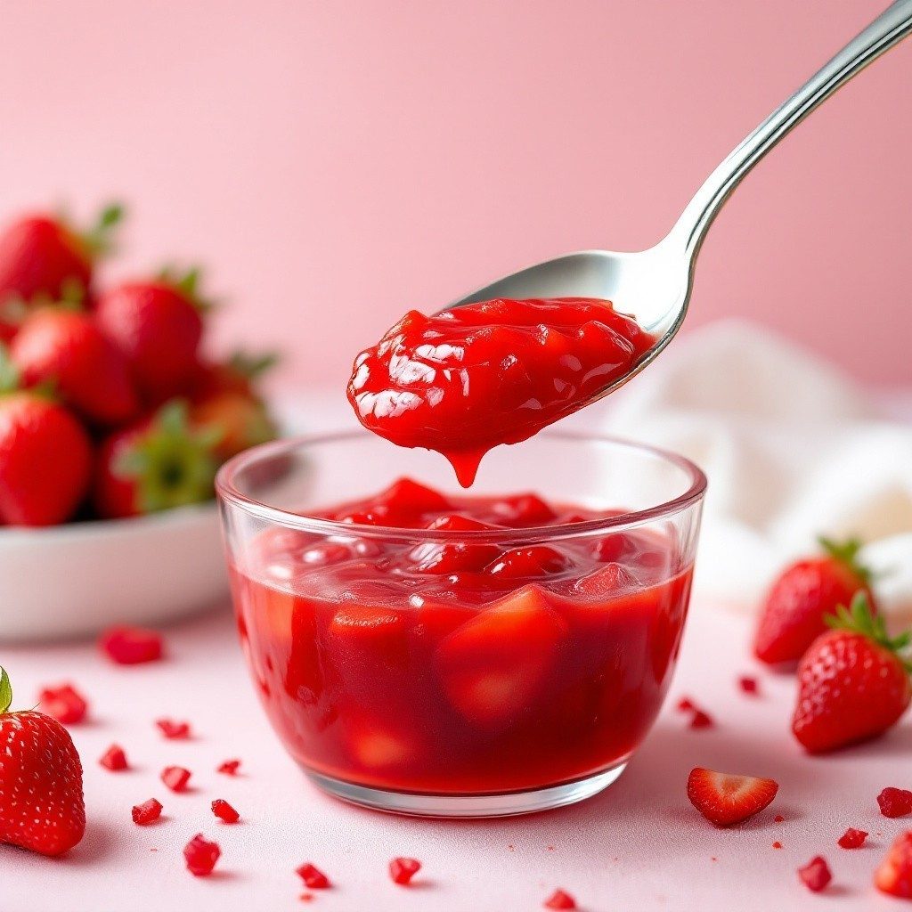 A pan of thick, glossy cooked strawberry filling being stirred