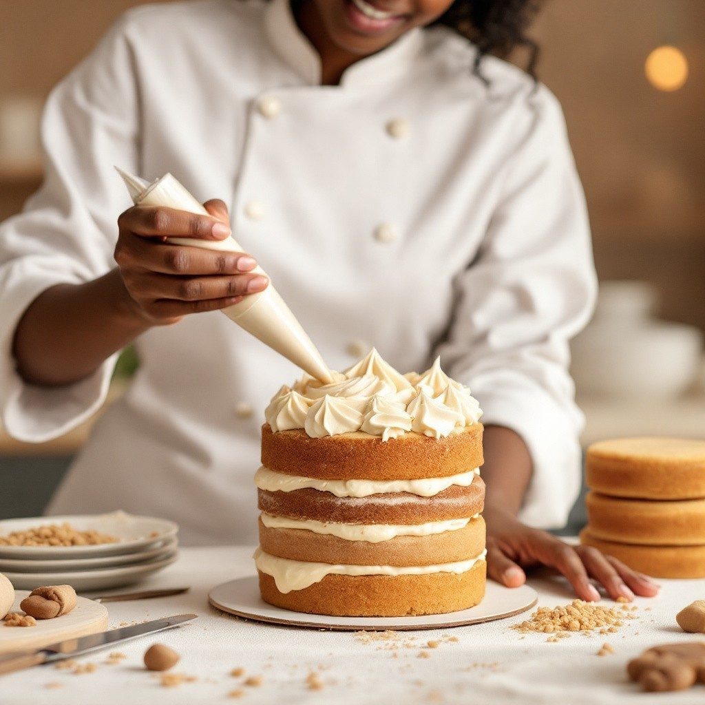 A tall vanilla layer cake being filled and covered with buttercream
