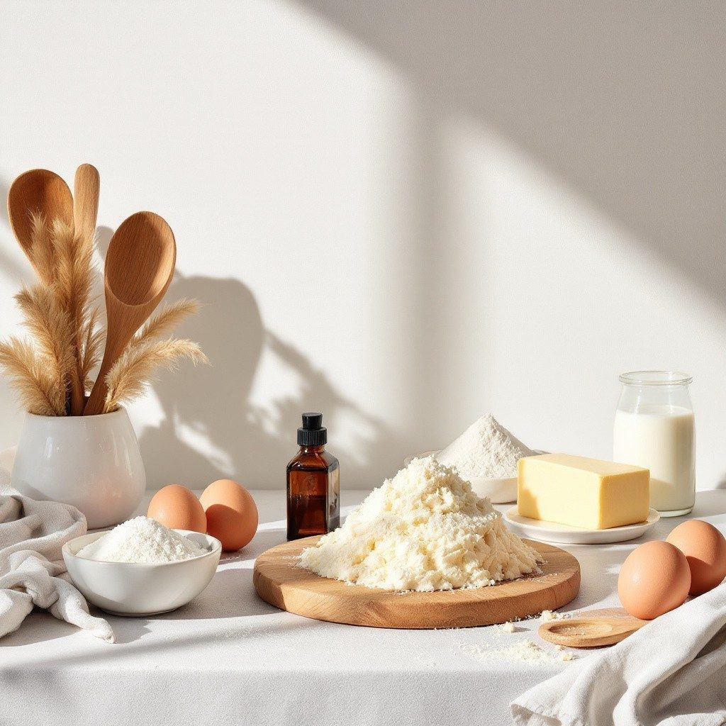 Flour, butter, eggs, milk and vanilla weighed out on a worktop